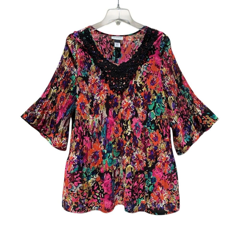 Catherines Tunic Blouse Top Womens Size (0X) 14/16 MultiColor Floral Lace V-Neck